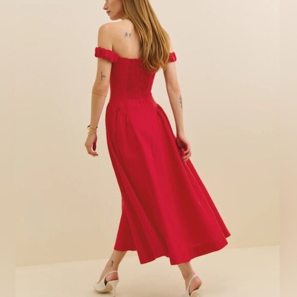 NEW Reformation Monet Linen Midi Dress Lipstick Red Off-Shoulder | size 4 - Picture 5 of 14